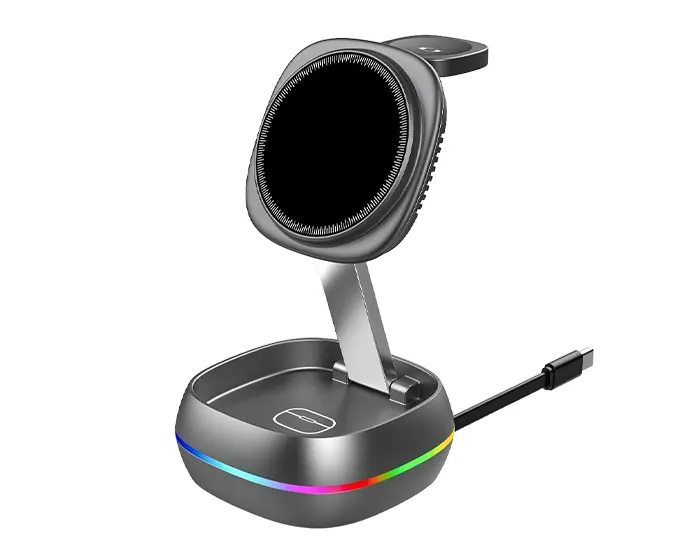 CARGADOR INALÁMBRICO DE CARGA RÁPIDA 3 EN 1 CON LUZ UFO A3058 GRIS — clave A3058