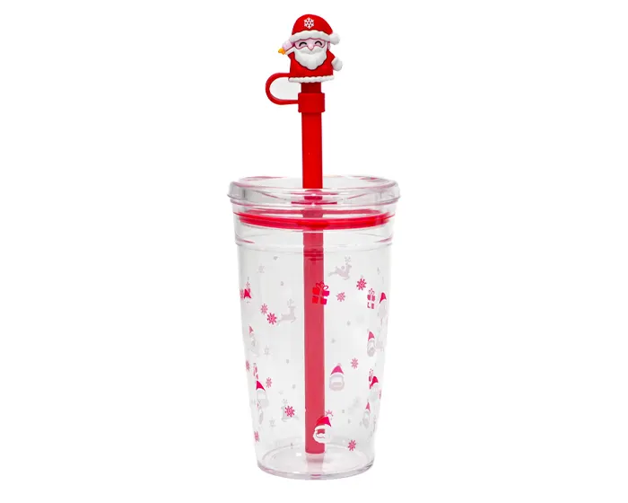 VASO DE PLÁSTICO DE 450 ML. CON POPOTE DE SANTA CLAUS NOEL A3191 ROJO — clave A3191