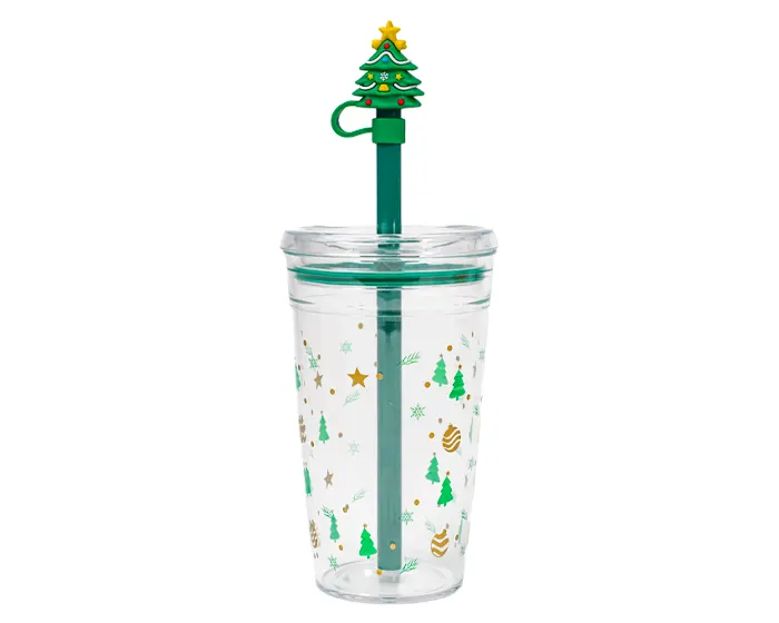 VASO DE PLÁSTICO DE 450 ML. CON POPOTE DE ÁRBOL NAVIDEÑO HOLLY A3192 VERDE — clave A3192