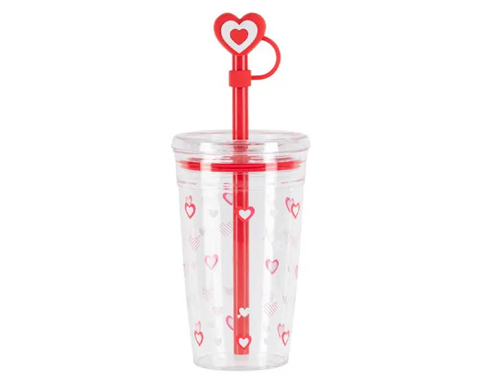 VASO DE PLÁSTICO CON POPOTE DE CORAZÓN DE 450 ML. VALENTINE A3204 ROJO — clave A3204