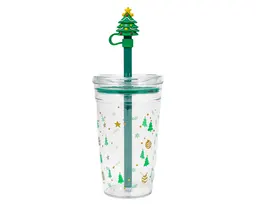 VASO DE PLÁSTICO DE 450 ML. CON POPOTE DE ÁRBOL NAVIDEÑO HOLLY A3192 VERDE
