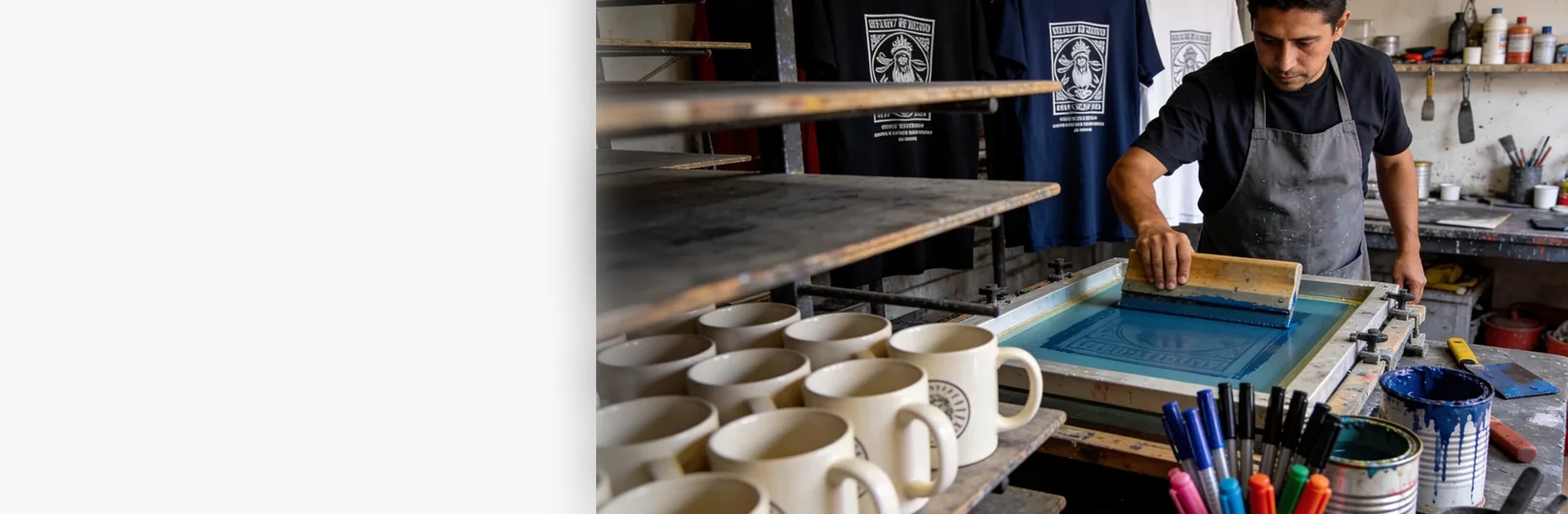 Impresor aplicando serigrafía sobre una playera en un taller, con tazas y bolígrafos listos para personalizar