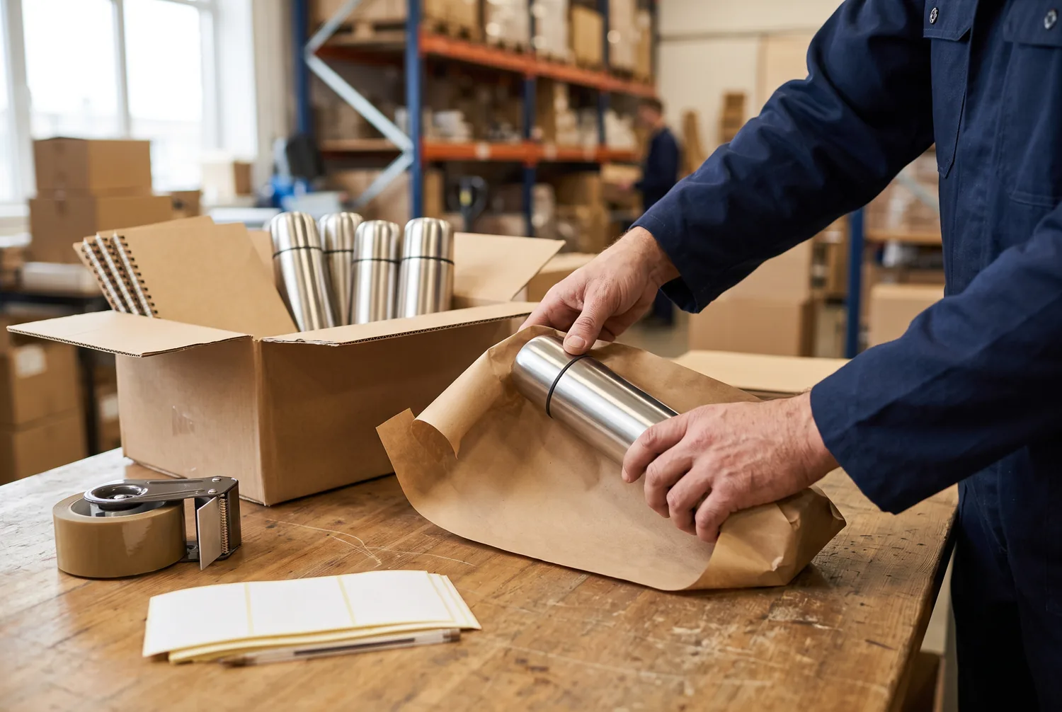 Preparación de un pedido: termos en blanco empacados con papel kraft